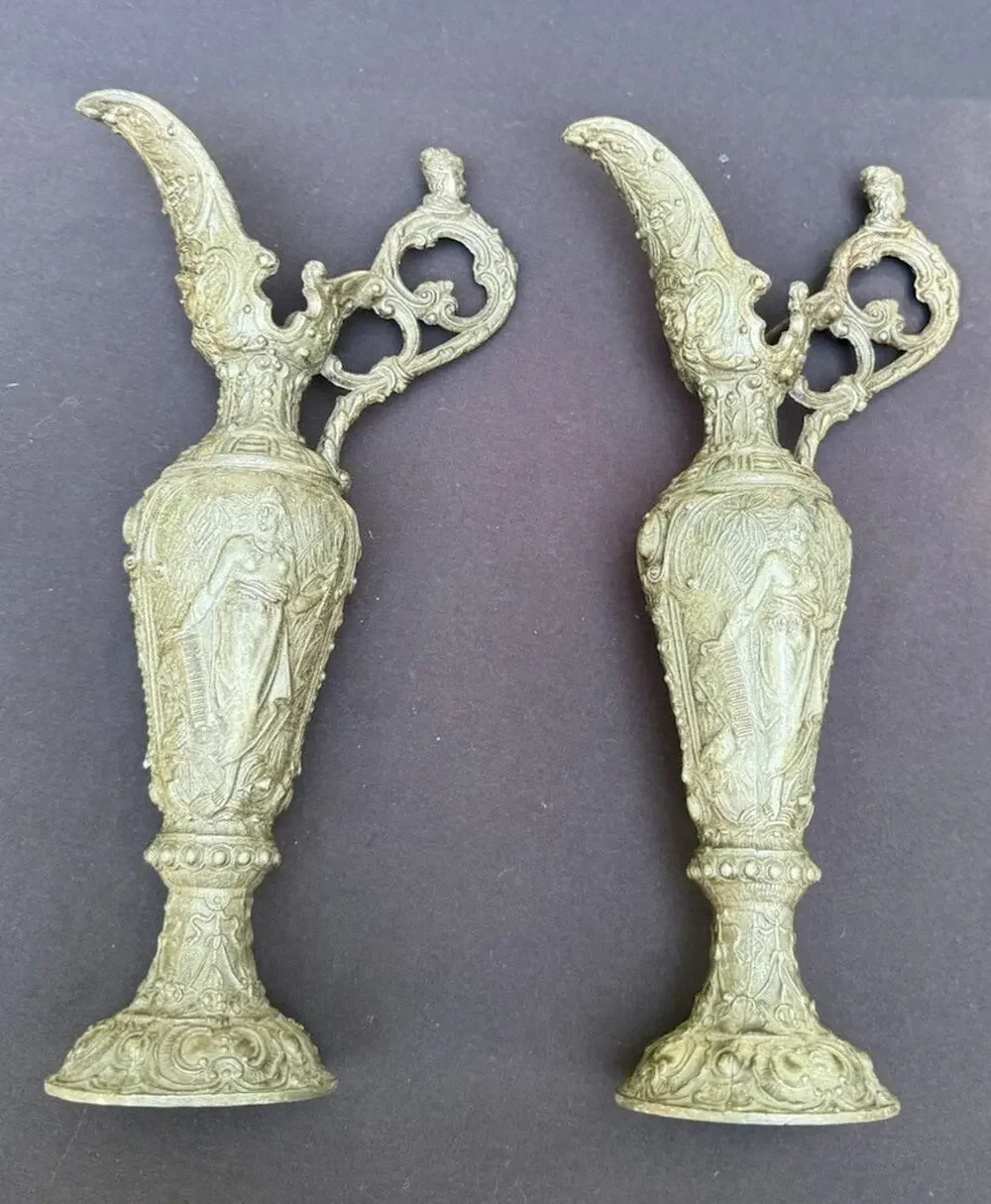 2 Antique French Cast Iron Pitchers/Urns Statue Grape Vines Bacchus Amphora 14”